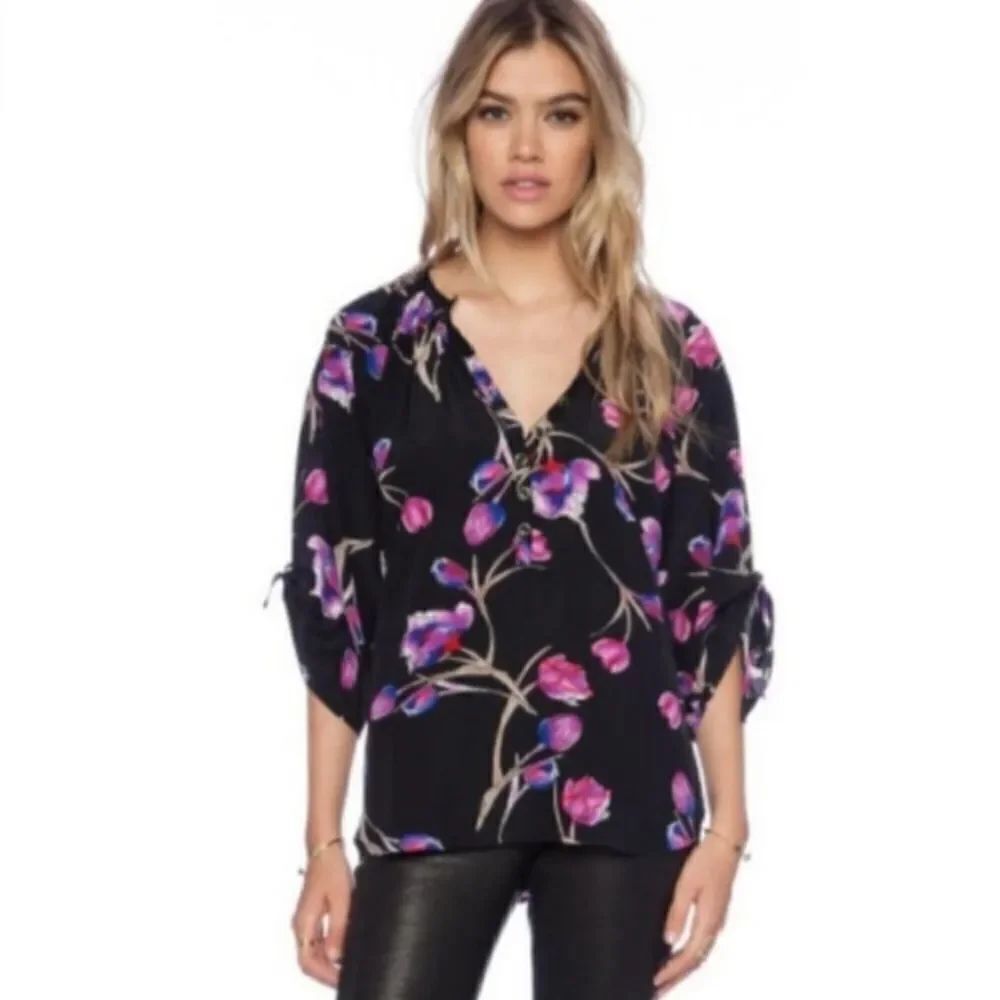 Yumi Kim watercolor tulip floral silk 3/4 sleeve blouse sz XS